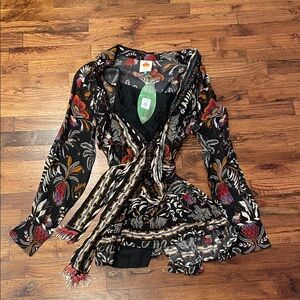 Farm Rio Black Wrap Dress with Colorful Accents